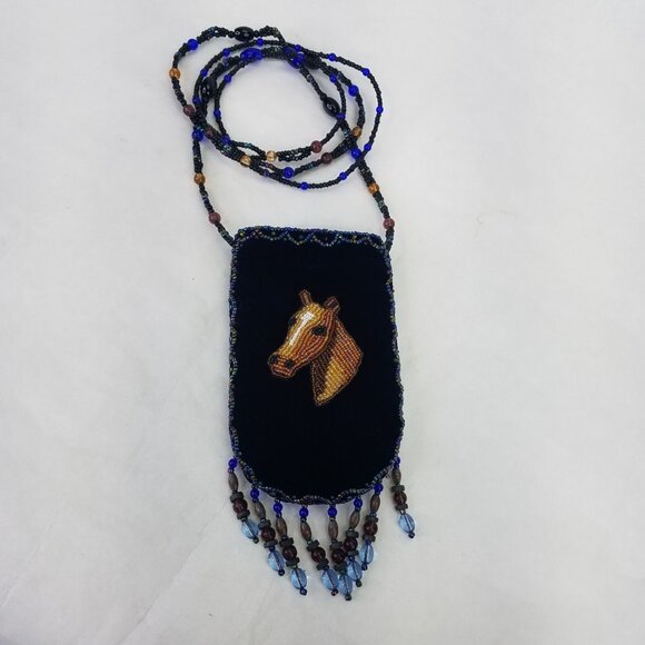 Beaded Horse Mini Bag Credit Card Holder Crossbody Pouch Velvet Navy Blue Strap - Picture 1 of 15
